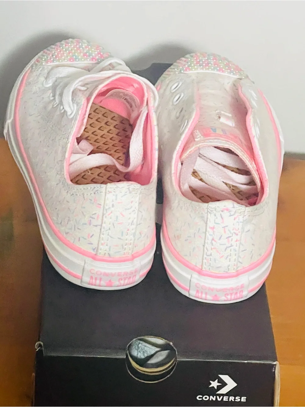 Converse Kids White Sneakers with Pink Trim and Pastel Sprinkle Print